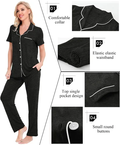 Vista 3 de SWOMOG conjunto de pijama de dos piezas para mujer, ropa de dormir de manga corta, con botones, pantalones largos