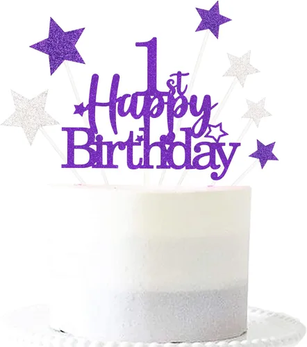 Vista 17 de Decoración brillante para tarta de primer cumpleaños feliz con estrella, adornos personalizados para tarta de 1 cumpleaños, decoraciones de fiesta