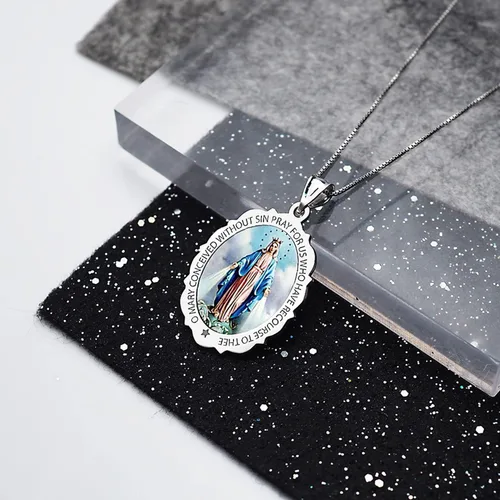 Vista 6 de Picturesongold.com Collar de medalla milagrosa católica con colgante ovalado para mujeres y hombres, hecho en oro amarillo o blanco de 10 K14