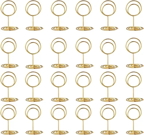 Vista 2 de Toncoo 24 mini soportes de números de mesa de alta calidad y 24 tarjetas de lugar con borde de lámina dorada, soporte para tarjetas de lugar