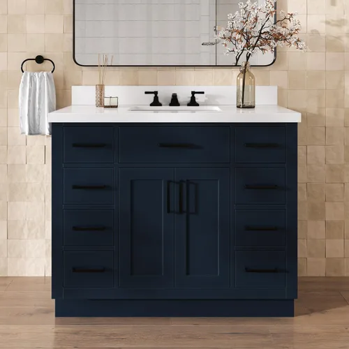 Vista 14 de DKB Isabella - Mueble de baño negro de 42 pulgadas con fregadero, lavabo rectangular, encimera de cuarzo blanco puro y protector contra salpicaduras