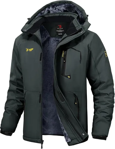 Vista 11 de TBMPOY Chaquetas de esquí para hombre, impermeables, para nieve, forro polar grueso, con capucha, para clima frío, cálido, trabajo en hielo al aire
