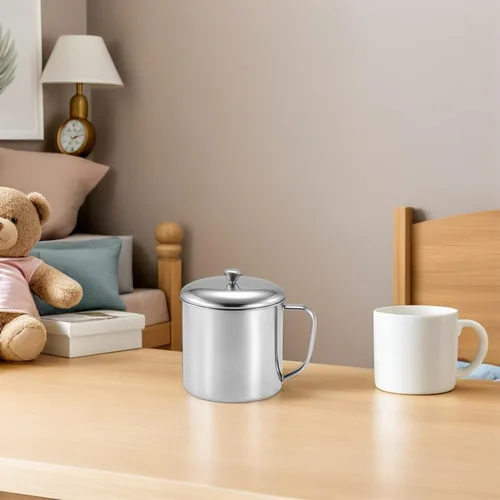 Vista 5 de Amosfun Taza de agua de acero inoxidable con tapa y asa de 4.33 x 3.14 pulgadas, taza de leche de metal para café, té, hogar, oficina, viajes
