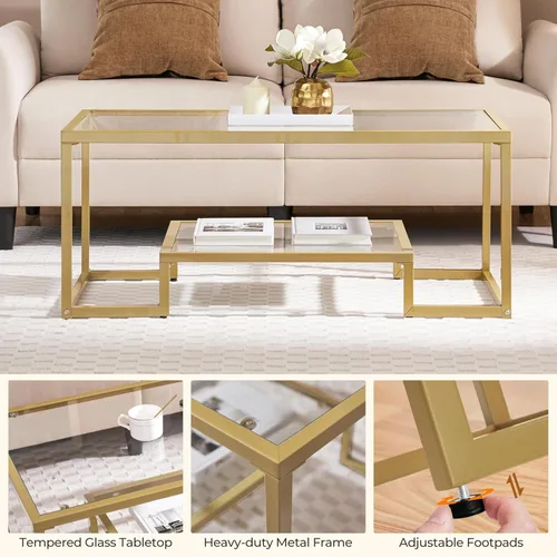 Vista 7 de Yaheetech Mesa de Café Dorada, Mesa de Centro de Vidrio Rectangular de 42" para Sala de Estar, Mesas de Té de 2 Niveles con Marco de Metal