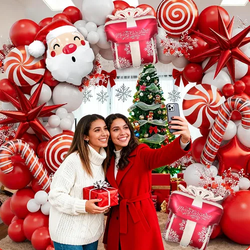 Vista 8 de Kit de guirnalda de globos de Navidad en forma de arco con globos rojos y blancos, caramelo, bastón, estrella, estrella de explosión, caja