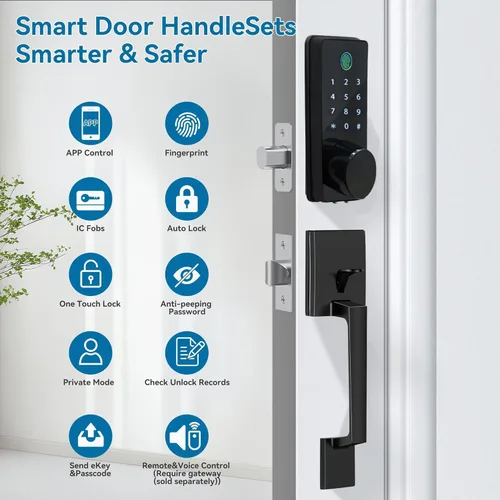 Vista 2 de Cerradura de puerta inteligente con mango 6 en 1 sin llave cerrojo de entrada, cerradura de puerta biométrica de huellas dactilares, código