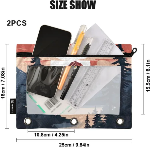 Vista 3 de Una bolsa para lápices de montaña se adapta a carpetas estándar de 3 anillas, bolsa de lápices con cremallera con ventana transparente para oficina