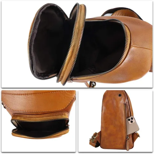 Vista 7 de Bolso bandolera de cuero genuino para hombre y mujer, bolso cruzado hecho a mano, retro, mochila de hombro vintage
