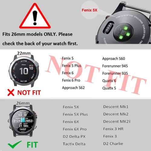 Vista 2 de ANCOOL Correa de reloj Garmin Fenix 5X/7X/6X Quickfit de 1.024 in compatible con Fenix 6X Pro/5X Plus/7X Pro/8 2.008 in (negro)