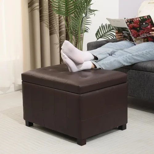 Vista 4 de Otomana tapizada de almacenamiento con tapa con bisagras, otomana de piel sintética de 23.6 pulgadas para sala de estar y dormitorio, color marrón