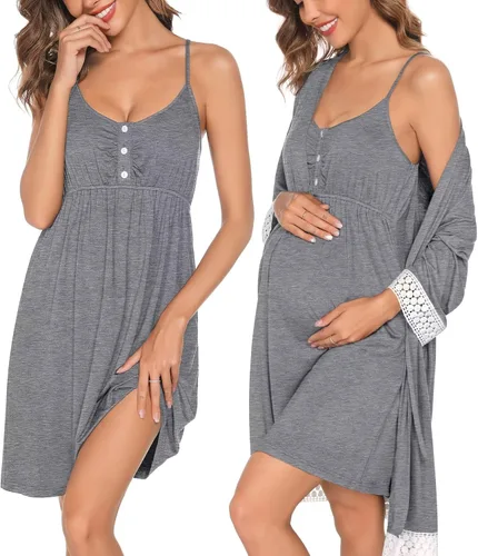 Vista 3 de SWOMOG Conjunto de bata de maternidad para mujer, bata de parto y parto, camisón de lactancia materna, conjunto de bata posparto para hospital