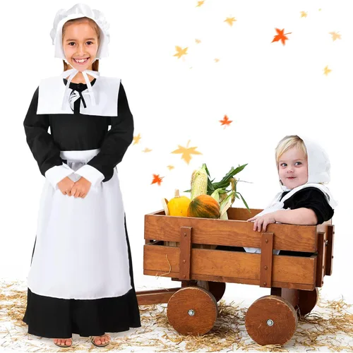 Vista 4 de Conjunto de disfraz de peregrina para niñas, vestido colonial de peregrina, disfraz de peregrina para Halloween, disfraces de cosplay para niños