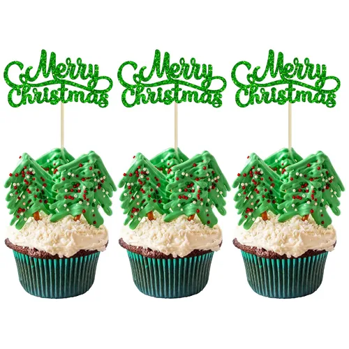 Vista 32 de Gyufise 24 piezas Adornos de pastel para revelación de género de Navidad con purpurina, sombrero navideño de Navidad, adorno de pastel de él o ella