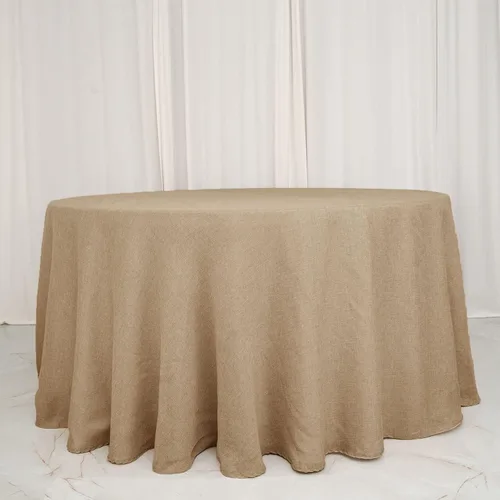 Vista 6 de TABLECLOTHSFACTORY Mantel redondo de yute natural de 54 pulgadas Mantel de mesa bohemio chic