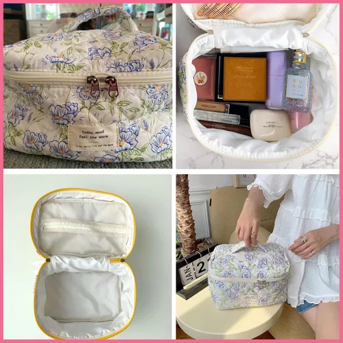 Vista 3 de uekeboag - Bolsa de maquillaje grande de viaje acolchada para mujer, neceser de algodón con estampado floral, neceser con estampado floral