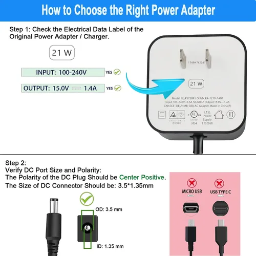 Vista 2 de Cargador de 21 W para Alexa Echo Show 5 3ª generación, adaptador de fuente de alimentación de 15 V 1.4 A. Compatible con Echo Show / Plus 1st Gen