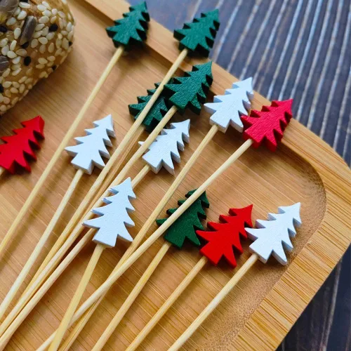 Vista 7 de 100 piezas de selecciones de cóctel de bambú fruta/comida palillos de dientes festivos de aperitivos de 4.72 pulgadas palillos de madera con árboles