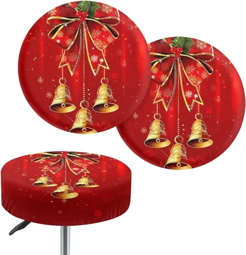 Vista 21 de Juego de 2 fundas redondas para taburetes de Navidad, color azul, diseño de ciervos de Navidad, fundas de cojín elásticas para taburetes de silla