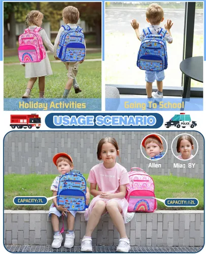 Vista 5 de VANKEV Mochila para niños y niñas, bonita mochila ligera para preescolar, jardín de infantes, primaria, escuela primaria, Carros azules, 7L