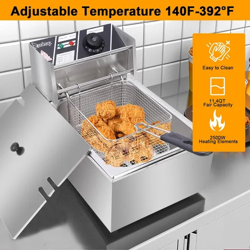 Vista 3 de Freidora comercial con canasta, 6.3QT/6L, desmontable de gran capacidad, de acero inoxidable, freidora de aceite eléctrica con control