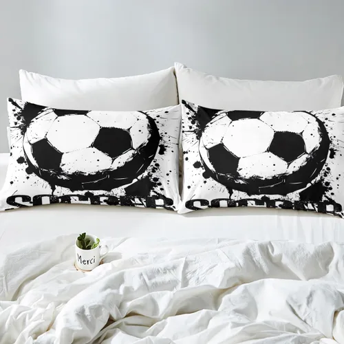 Vista 4 de Juego de ropa de cama de fútbol, tamaño individual, juego de pelota para niños, sábana bajera, pelota deportiva, color blanco y negro, ropa de cama