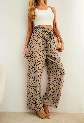 Vista 3 de IWOLLENCE Pantalones de pierna ancha para mujer con bolsillos, cintura alta, nudo ajustable, holgados, casuales, para trabajo y negocios