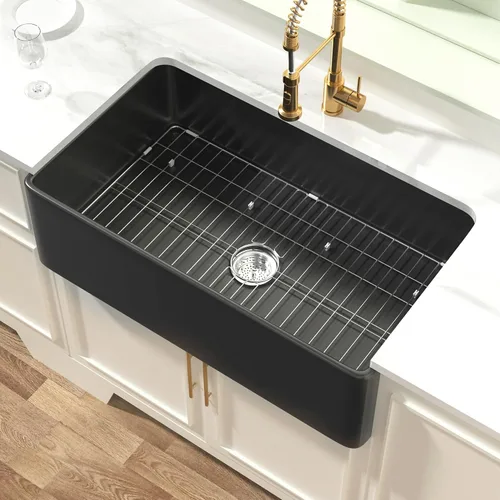 Vista 17 de Miuara Farmhouse - Fregadero de cocina frontal con delantal de arcilla refractaria de hueso de 33 x 18 pulgadas For kitchen, Heavy duty fireclay