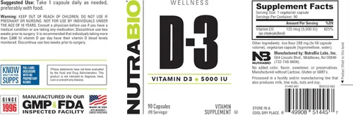 Vista 3 de NutraBio Vitamina D (5000 UI), apoyo inmunológico - 90 cápsulas vegetales
