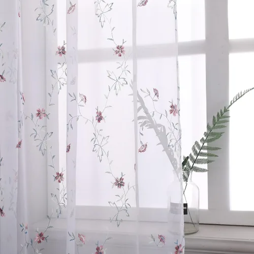 Vista 25 de Taisier Home Cortinas Traslúcidas Blancas Florales con Estampado de Flores y Bordado de Enredaderas para Dormitorio, Cortina con Bolsillo