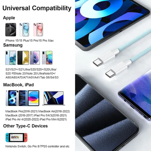 Vista 6 de Paquete de 2 cables de carga USB C a USB C de 6 pies para iPhone 15, cable USB C de 60 W, cable de carga rápida USBC tipo C compatible