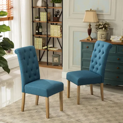 Vista 4 de Roundhill Furniture - Silla de comedor parsons de madera maciza costumbrista y tapizado estilo capitoné (juego de 2), azul