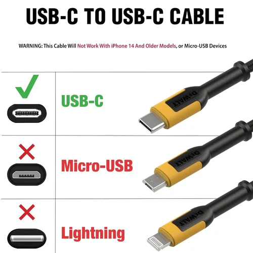 Vista 2 de DEWALT Heavy Duty USB C Cable, Jobsite 60 Watt USB C Cable, High Speed Type-C to Type-C, Fast Charge PD USBC Fast Charging Cord for iPhone 17/16/15