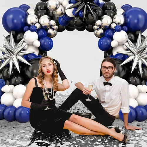 Vista 7 de Kit de arco de globos azul marino y negro, guirnalda de globos con globos de papel de aluminio metálico plateado blanco oscuro globos de látex