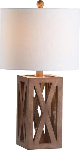 Vista 9 de JONATHAN Y Lámpara de mesa de madera de granja marrón de 21.5 pulgadas para mesita de noche y sala de estar, pantalla de tambor de lino blanco