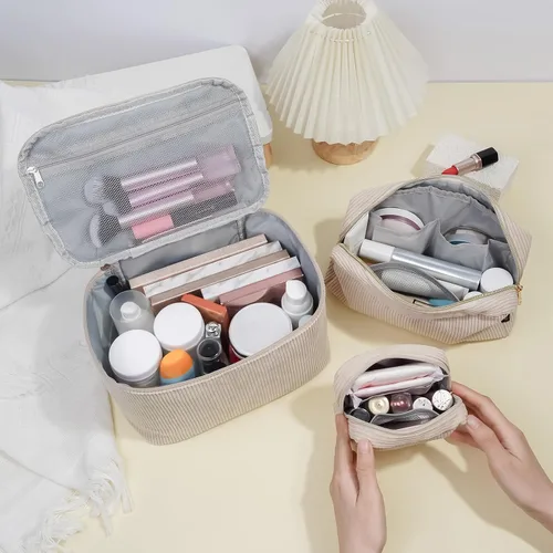 Vista 5 de MAGEFY Pequeña bolsa de maquillaje para bolso, mini bolsa de cosméticos de pana, linda bolsa cosmética para mujeres con bolsillos deslizantes