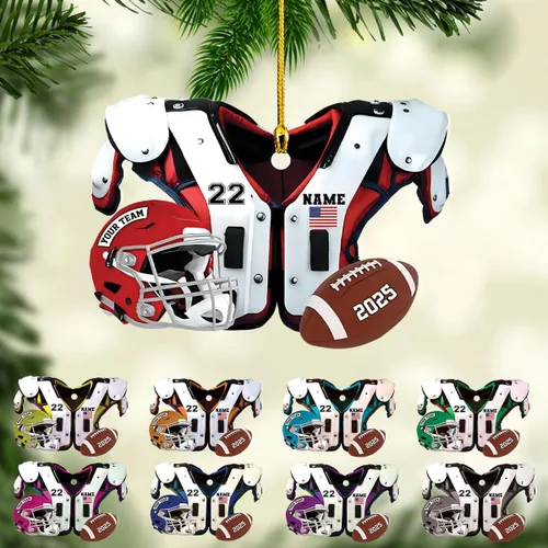 Vista 10 de Adornos de fútbol personalizados, hombreras y casco, adorno de Navidad, regalo de jugador estadounidense, regalo para niños y niñas, decoración