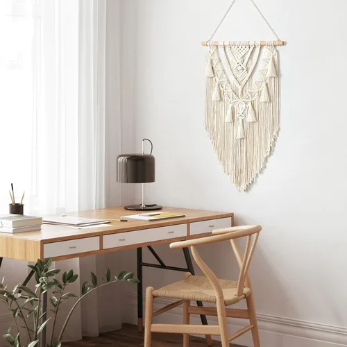 Vista 6 de Dremisland - Tapiz tejido de macramé para colgar en la pared, geométrico estilo boho, beige y gris, de algodón hecho a mano, decoración artística