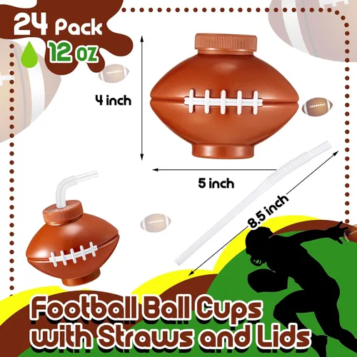 Vista 2 de Mumufy 24 tazas de pelota de fútbol con pajitas y tapas, de plástico de 12 onzas, reutilizables, suaves, para fiestas de fútbol, suministros