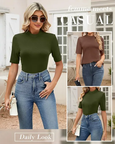 Vista 5 de Ficerd Paquete de 2 camisetas de cuello alto falso para mujer, media manga, casual, para negocios, ajustadas, básicas, elegantes para verano