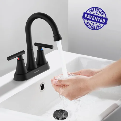 Vista 5 de Hurran - Grifos de baño para fregadero de 3 agujeros, juego central de 4 pulgadas y grifo de lavabo de baño negro mate con drenaje emergente, grifo