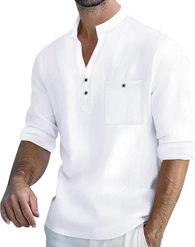 Vista 9 de Men's Henley Shirts Roll-Up Long Sleeve Band Collar Tops Casual Breathable Summer Beach Tees for