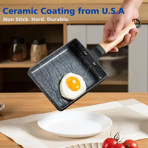 Vista 4 de Sartén cuadrada con revestimiento cerámico japonés Tamagoyaki para tortilla, pequeña sartén rectangular antiadherente con asa de madera (Gris oscuro)