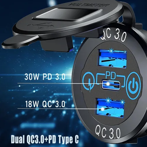 Vista 4 de Paquete de 2 enchufes PD tipo C para cargador de automóvil y carga rápida dual 3.0 puertos de aluminio, 60 W USB C triple 12 V enchufe USB