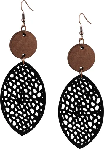 Vista 11 de Bohemian Hollow Cut-Out Wood Leather Dangle Drop Earrings, Boho Chic Hippie Statement Jewelry Gift for Women S01A