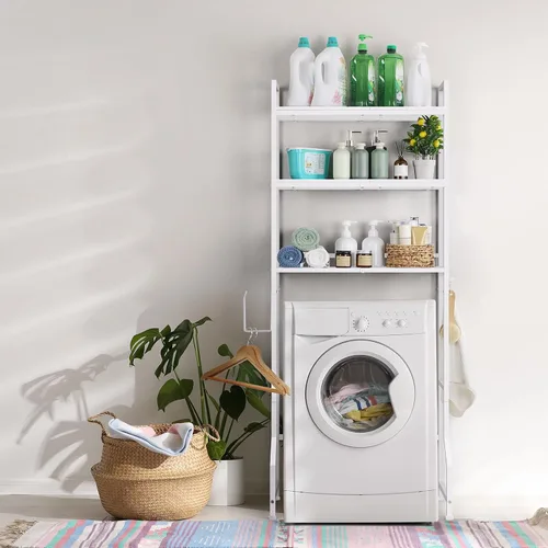 Vista 7 de Estante de almacenamiento sobre el inodoro de 3 niveles sobre el inodoro, organizador de baño de madera detrás del inodoro, estante de pie con 4