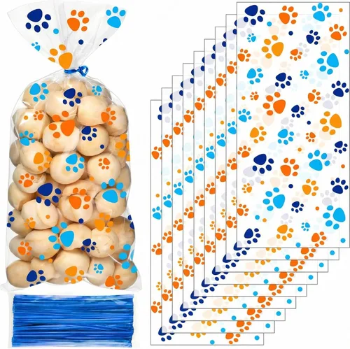 Vista 11 de Blulu 100 bolsas de golosinas para perros, recuerdos de fiesta para cachorros, bolsas de celofán con cono de pata de mascota, dulces sellables por