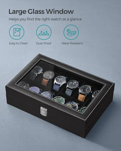 Vista 4 de SONGMICS Caja de reloj caja de reloj de 12 ranuras con tapa de cristal grande almohadas de reloj extraíbles organizador de caja de reloj regalo