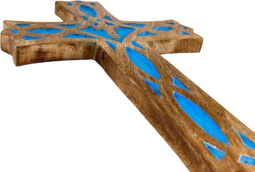 Vista 4 de EARTHLY HOME Crucifijo de pared de madera hecho a mano con tallas a mano para regalos de bautismo, adorno colgante para decoración de pared e