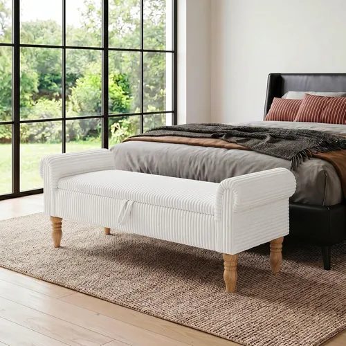 Vista 13 de Banco tapizado de pana de 55 pulgadas con brazos enrollados para dormitorio, color blanco