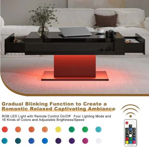 Vista 4 de HedoAjim - Mesa de café negra con LED y 2 cajones de almacenamiento para sala de estar, mesa rectangular de centro para sala de estar, mesas de café
